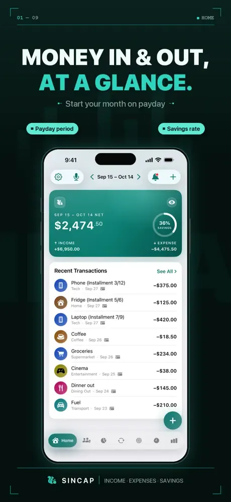 Home screen: net balance for a month that starts on payday, savings rate and recent installment purchases