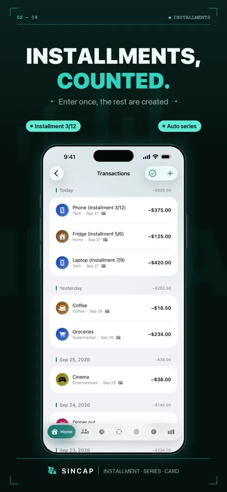 Transactions list: installment purchases shown in order, such as Installment 3/12