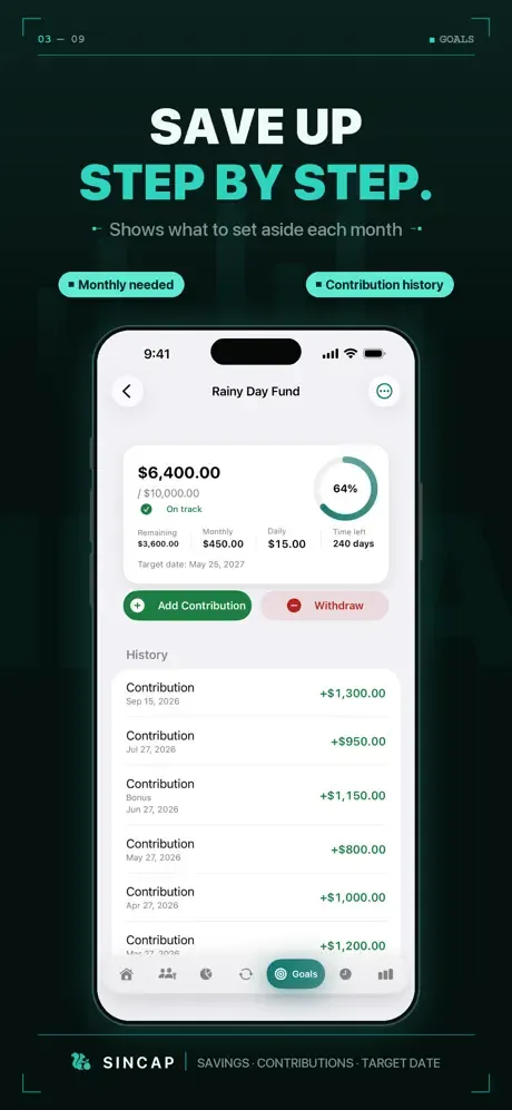 Savings goal: how much to set aside each month and the contribution history