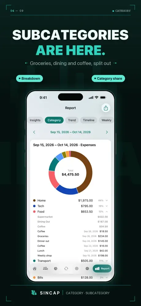 Report: spending broken down by category and subcategory in a chart