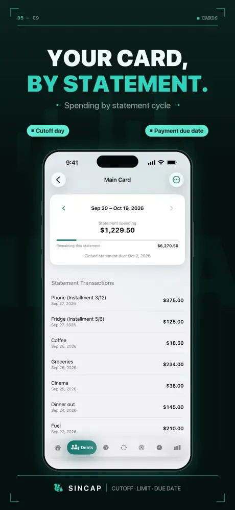 Card screen: spending for the statement cycle by cutoff day and the payment due date